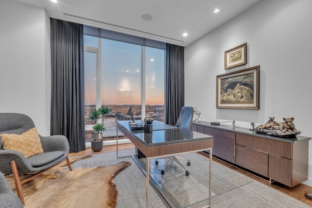 office featuring floor to ceiling windows and light wood-type flooring