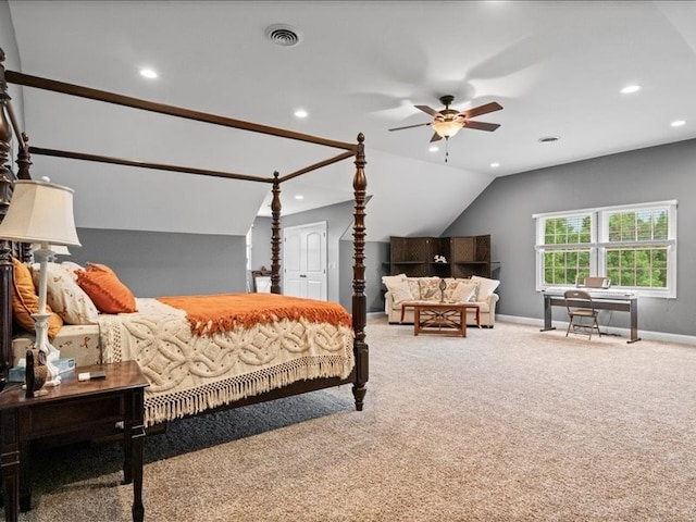 bedroom with carpet floors, lofted ceiling, and ceiling fan