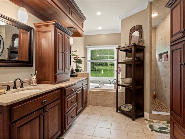 bathroom with shower with separate bathtub, tile patterned floors, crown molding, and vanity