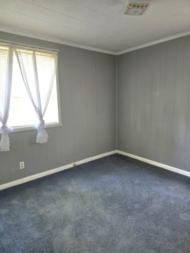 carpeted empty room featuring ornamental molding and wood walls