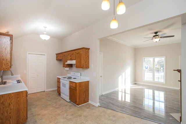 kitchen with white electric range oven, ceiling fan, sink, decorative light fixtures, and light hardwood / wood-style flooring