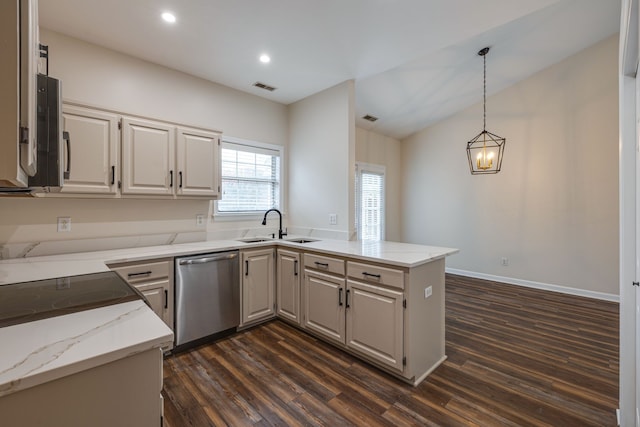 kitchen featuring dark wood-type flooring, kitchen peninsula, sink, stainless steel dishwasher, and decorative light fixtures