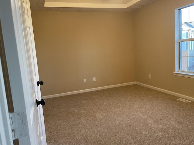 carpeted empty room with a textured ceiling and a tray ceiling