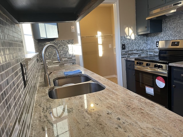 kitchen featuring stainless steel electric range oven, sink, and backsplash