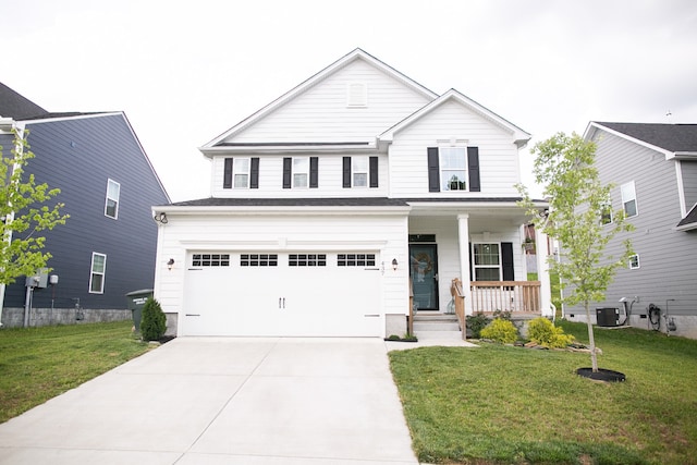 view of front of property featuring a garage, a porch, cooling unit, and a front lawn