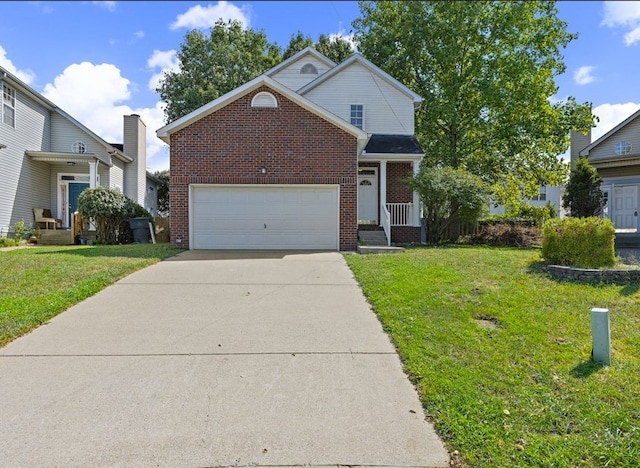 front facade with a garage and a front lawn