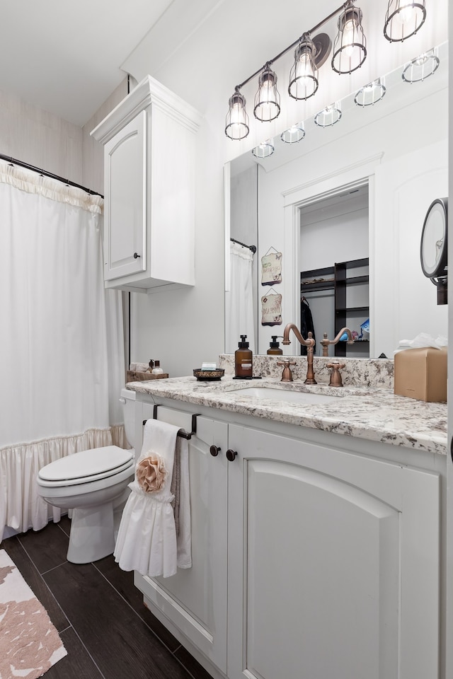 bathroom featuring hardwood / wood-style floors, vanity, and toilet