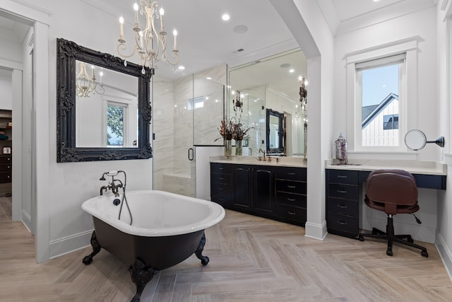 bathroom with separate shower and tub, a notable chandelier, vanity, crown molding, and parquet flooring