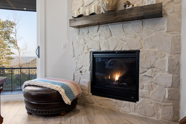 room details featuring hardwood / wood-style floors and a stone fireplace