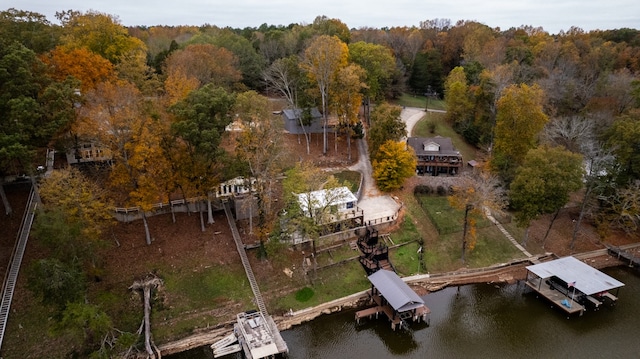 drone / aerial view featuring a water view