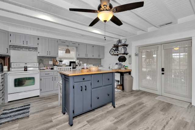 kitchen with beamed ceiling, wooden counters, ceiling fan, light hardwood / wood-style flooring, and electric range