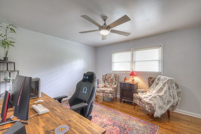 office area featuring wood-type flooring and ceiling fan