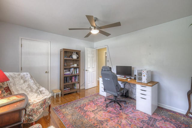 office with ceiling fan and dark hardwood / wood-style floors