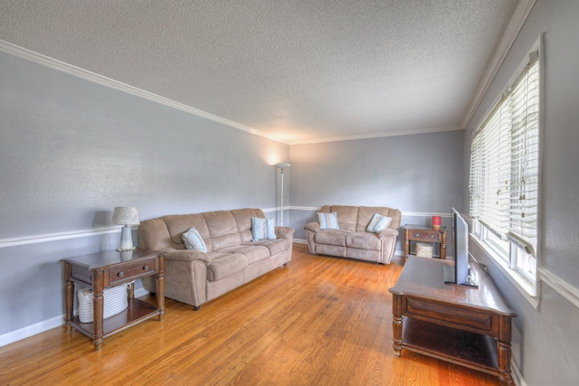 living room featuring hardwood / wood-style flooring, a textured ceiling, and ornamental molding