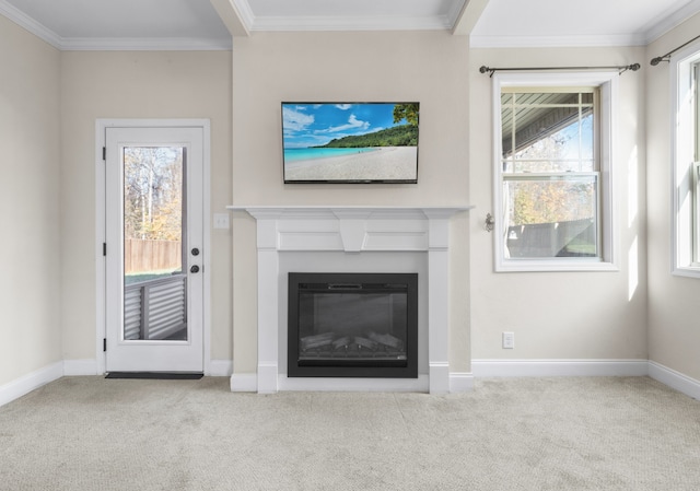 unfurnished living room featuring light colored carpet and ornamental molding