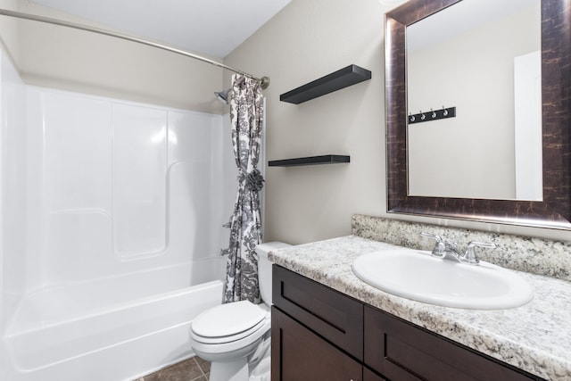 full bathroom with toilet, shower / bath combination with curtain, vanity, and tile patterned floors