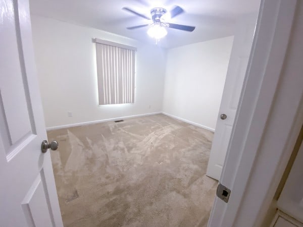 empty room featuring ceiling fan and light carpet