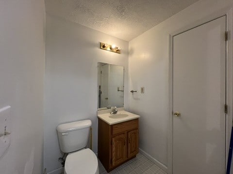 bathroom featuring vanity, a textured ceiling, and toilet