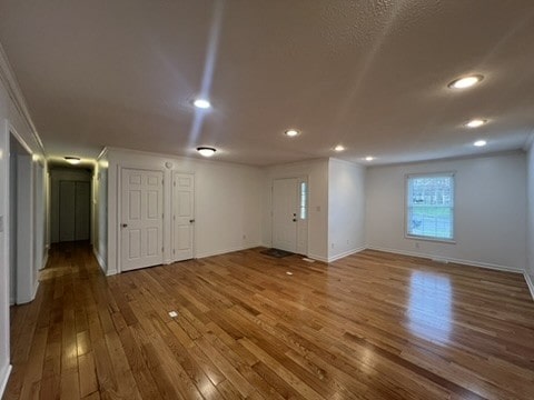 basement with hardwood / wood-style flooring and crown molding