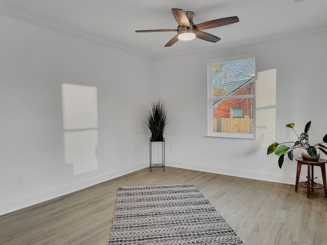 interior space featuring light hardwood / wood-style flooring, ceiling fan, and ornamental molding