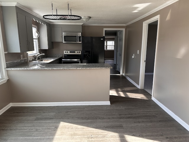 kitchen featuring dark hardwood / wood-style floors, kitchen peninsula, sink, and appliances with stainless steel finishes