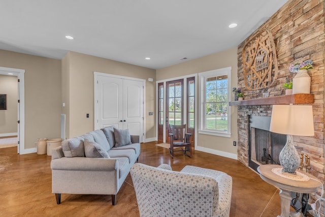 living room with a fireplace