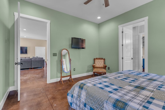 bedroom featuring concrete flooring and ceiling fan