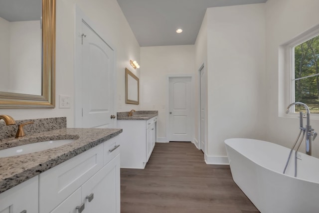 bathroom featuring a washtub, vanity, and hardwood / wood-style floors