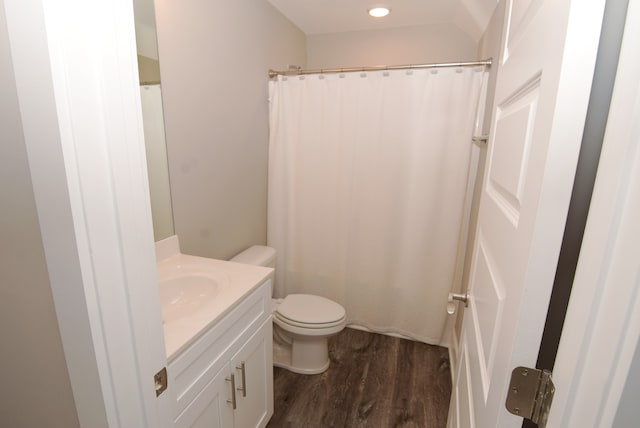 bathroom featuring toilet, vanity, and hardwood / wood-style flooring