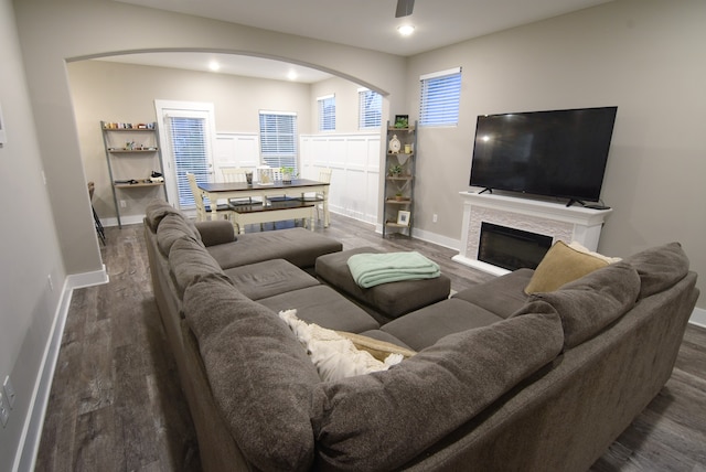 living room with dark hardwood / wood-style floors