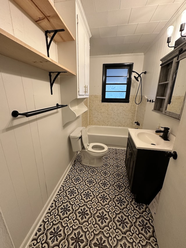 full bathroom with shower / bathtub combination, tile patterned floors, crown molding, vanity, and toilet