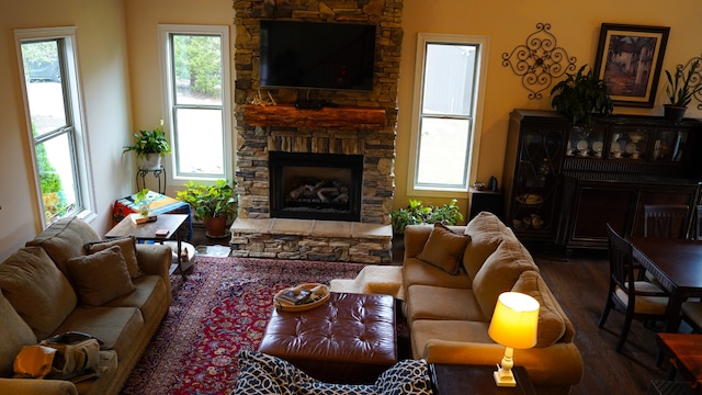 living room featuring a stone fireplace, a healthy amount of sunlight, and dark hardwood / wood-style flooring