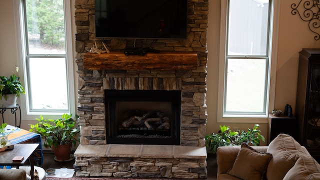 details featuring a stone fireplace