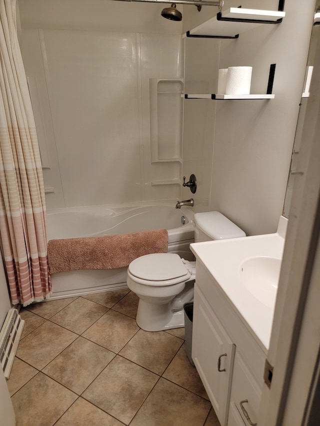 full bathroom featuring a baseboard heating unit, toilet, tile patterned floors, vanity, and shower / bathtub combination with curtain