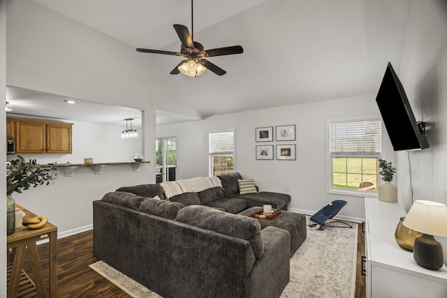 living room featuring dark hardwood / wood-style floors, high vaulted ceiling, and ceiling fan with notable chandelier