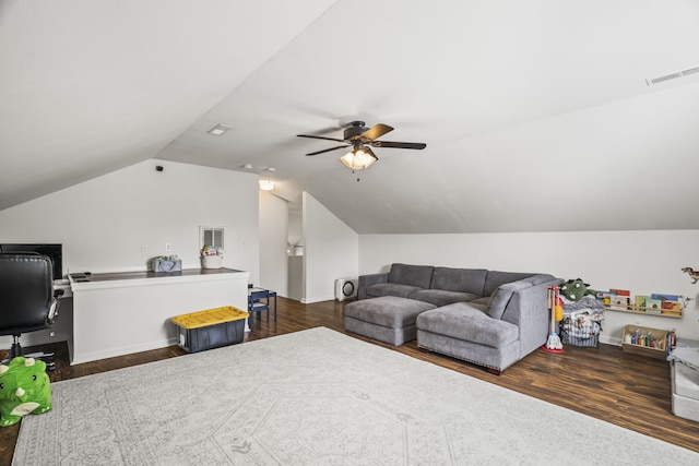 living room with ceiling fan, dark hardwood / wood-style floors, and lofted ceiling