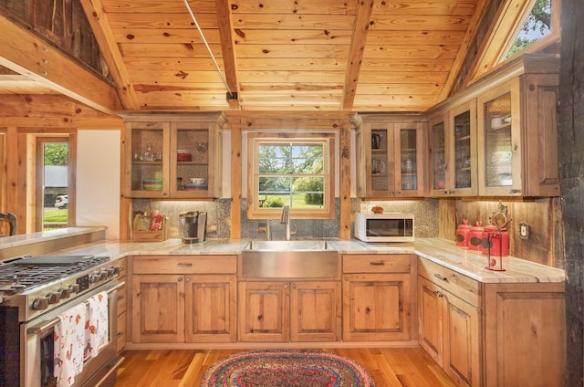 884 Pinnacle Hill Rd, Kingston Springs, TN 37082 - kitchen with a sink, wood ceiling, white microwave, high end stainless steel range, and plenty of natural light