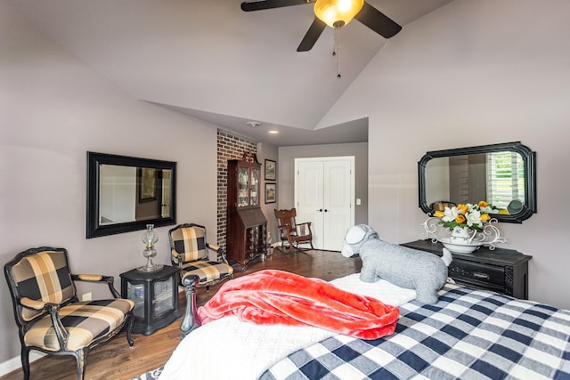 884 Pinnacle Hill Rd, Kingston Springs, TN 37082 - bedroom with wood finished floors, ceiling fan, baseboards, and high vaulted ceiling