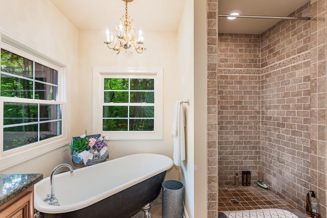 884 Pinnacle Hill Rd, Kingston Springs, TN 37082 - full bath featuring a chandelier, a freestanding bath, tiled shower, and vanity