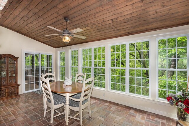 884 Pinnacle Hill Rd, Kingston Springs, TN 37082 - sunroom / solarium with lofted ceiling, brick flooring, wood ceiling, baseboards, and french doors
