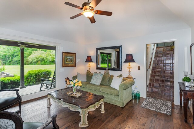 884 Pinnacle Hill Rd, Kingston Springs, TN 37082 - living room with a ceiling fan, stairway, hardwood / wood-style flooring, and vaulted ceiling