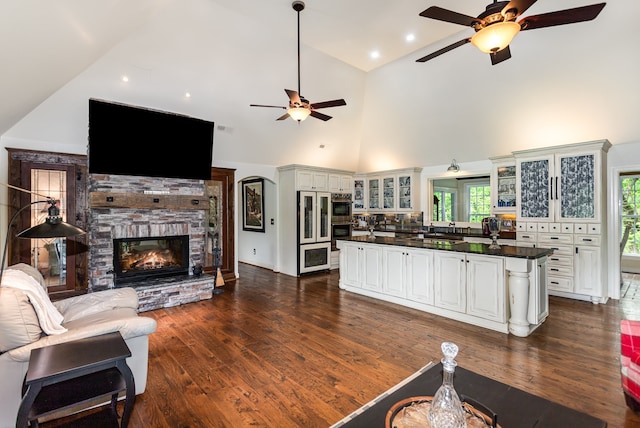 living room featuring dark hardwood / wood-style flooring, ceiling fan, and plenty of natural light