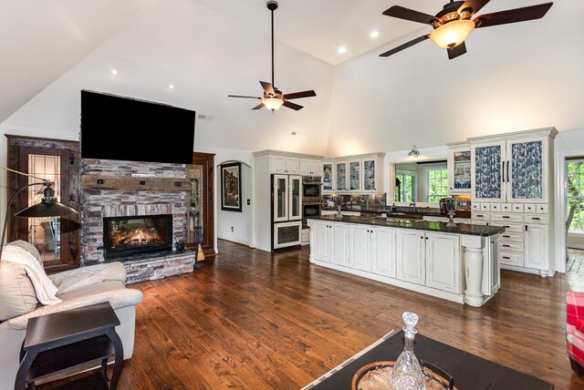 884 Pinnacle Hill Rd, Kingston Springs, TN 37082 - living area with a ceiling fan, a fireplace, dark wood-type flooring, high vaulted ceiling, and recessed lighting
