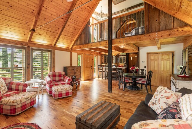 884 Pinnacle Hill Rd, Kingston Springs, TN 37082 - living area with high vaulted ceiling, hardwood / wood-style flooring, and wood ceiling with exposed beams
