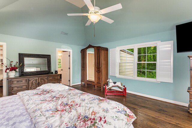 884 Pinnacle Hill Rd, Kingston Springs, TN 37082 - bedroom with baseboards, wood finished floors, ceiling fan, and high vaulted ceiling