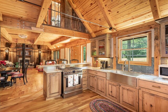 884 Pinnacle Hill Rd, Kingston Springs, TN 37082 - kitchen featuring a sink, high end stainless steel range oven, white microwave, a peninsula, and wood ceiling
