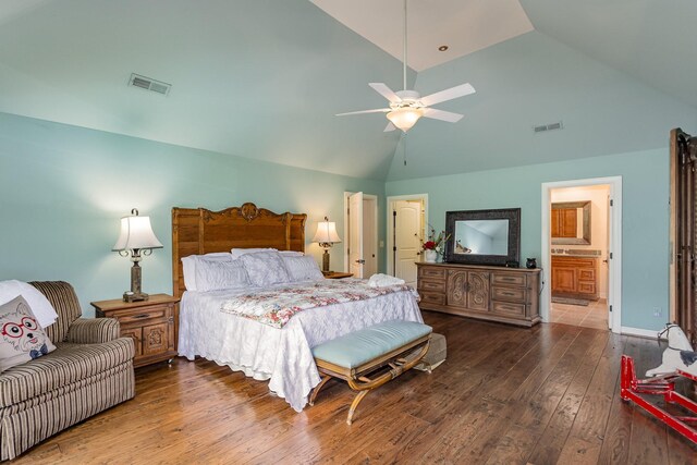 884 Pinnacle Hill Rd, Kingston Springs, TN 37082 - bedroom featuring hardwood / wood-style floors, high vaulted ceiling, ensuite bathroom, and ceiling fan