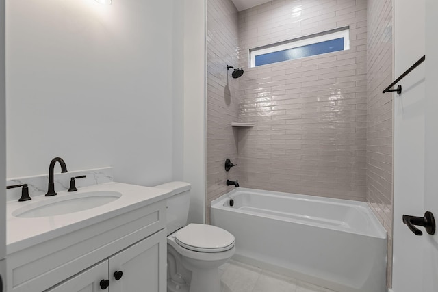 full bathroom with vanity, toilet, tiled shower / bath combo, and tile patterned flooring