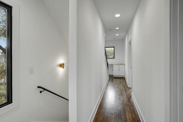 hall with a healthy amount of sunlight and dark hardwood / wood-style floors