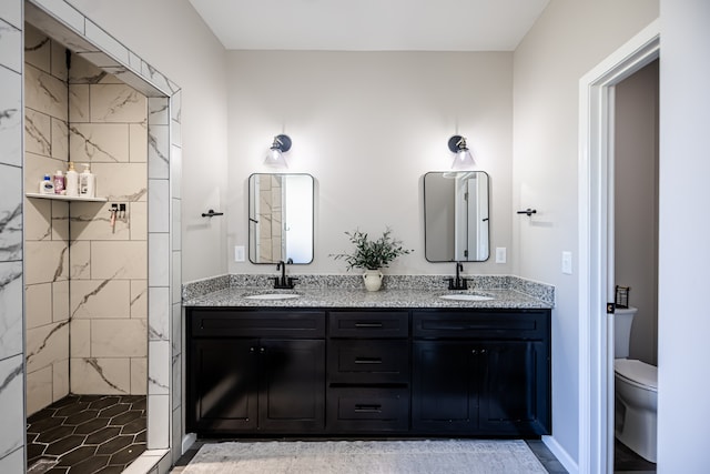 bathroom with a shower, vanity, and toilet